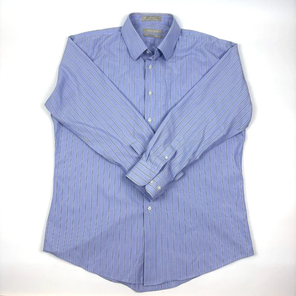 Nordstrom Trim Fit Button Up Shirt Mens Sz 16 1/2 32-33 Blue‎ White Stripe Smart